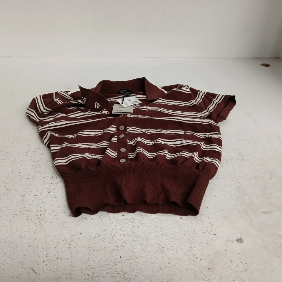 NOBODY'S CHILD MULTI WAISTED POLO KNIT TOP, BURGUNDY STRIPE, UK S (EU S, USA S) – MADE IN CHINA