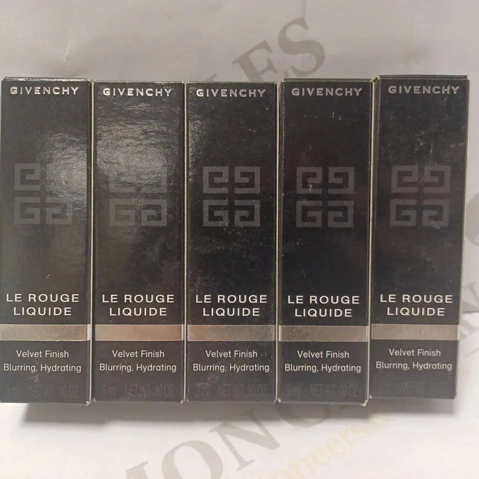 LOT OF 5 GIVENCHY LADIES LE ROUGE LIQUIDE LIPSTICKS TO INCLUDE 410 ROUGE SUEDINE, 107 NUDE VELOURS, 306 ORANGE PLUMETIS, ETC