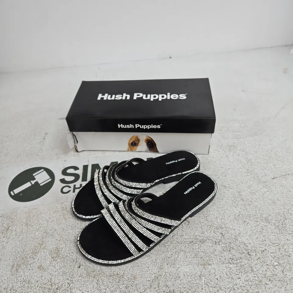 HUSH PUPPIES PARIS SLIDE - WOMEN'S BLACK RHINESTONE-STRAP SANDALS, UK 7 (EU 40)