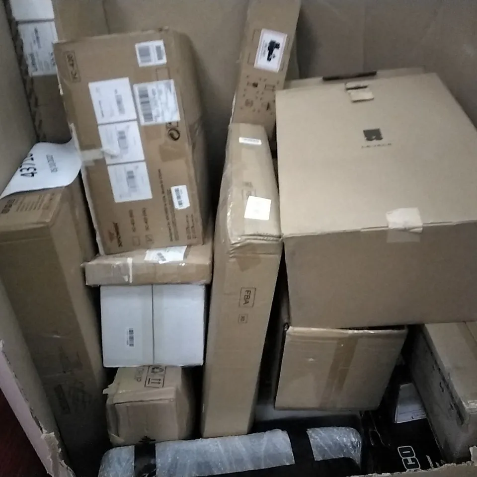 PALLET OF ASSORTED ITEMS INCLUDING AMADA FLOATING SHELF, CHERRY SIDE TABLE, DOEWORKS, BRIAN & DANY STORAGE OTTOMAN, XPOWER AIR CIRCULATOR 