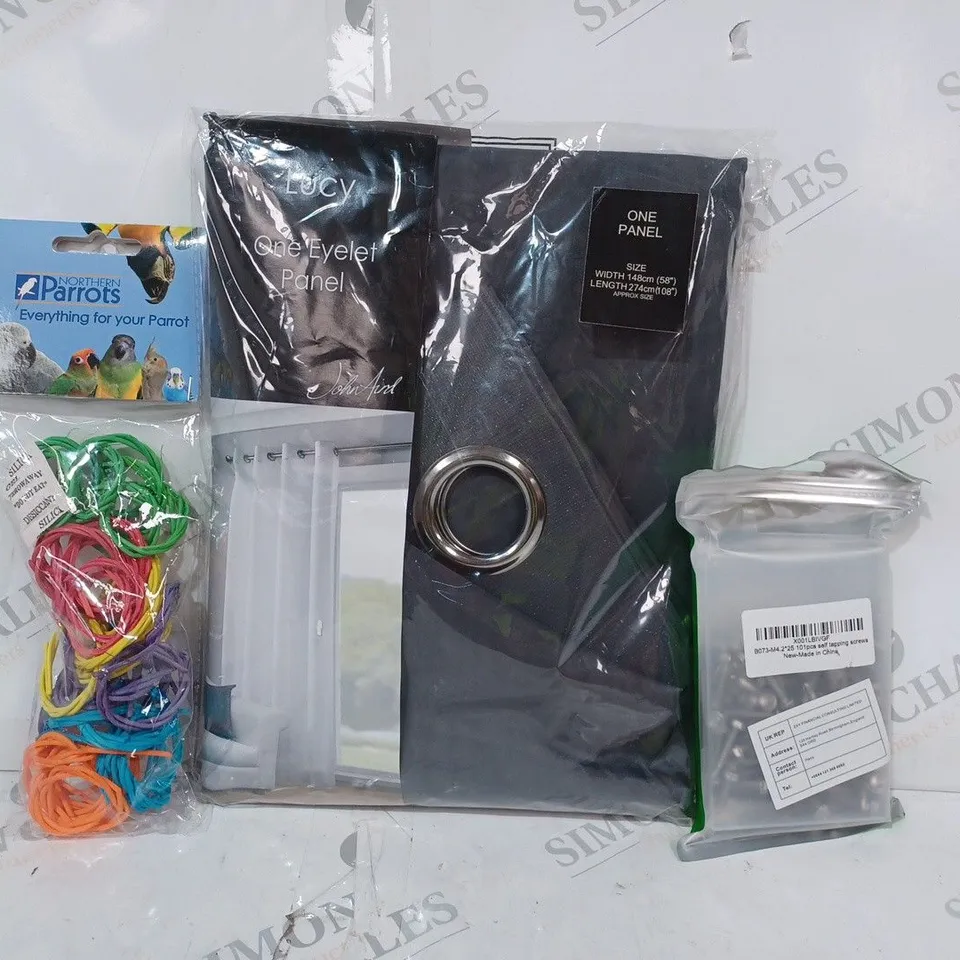 BOX OF APPROXIMATELY 15 ASSORTED HOUSEHOLD ITEMS TO INCLUDE PACK OF SELF TAPPING SCREWS, LUCY ONE EYELET PANEL, PARROT PET TOY, ETC