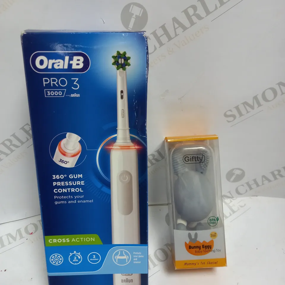 LOT OF TWO TO INCLUDE ORAL B PRO 3 AND BABY TEETHING TOY