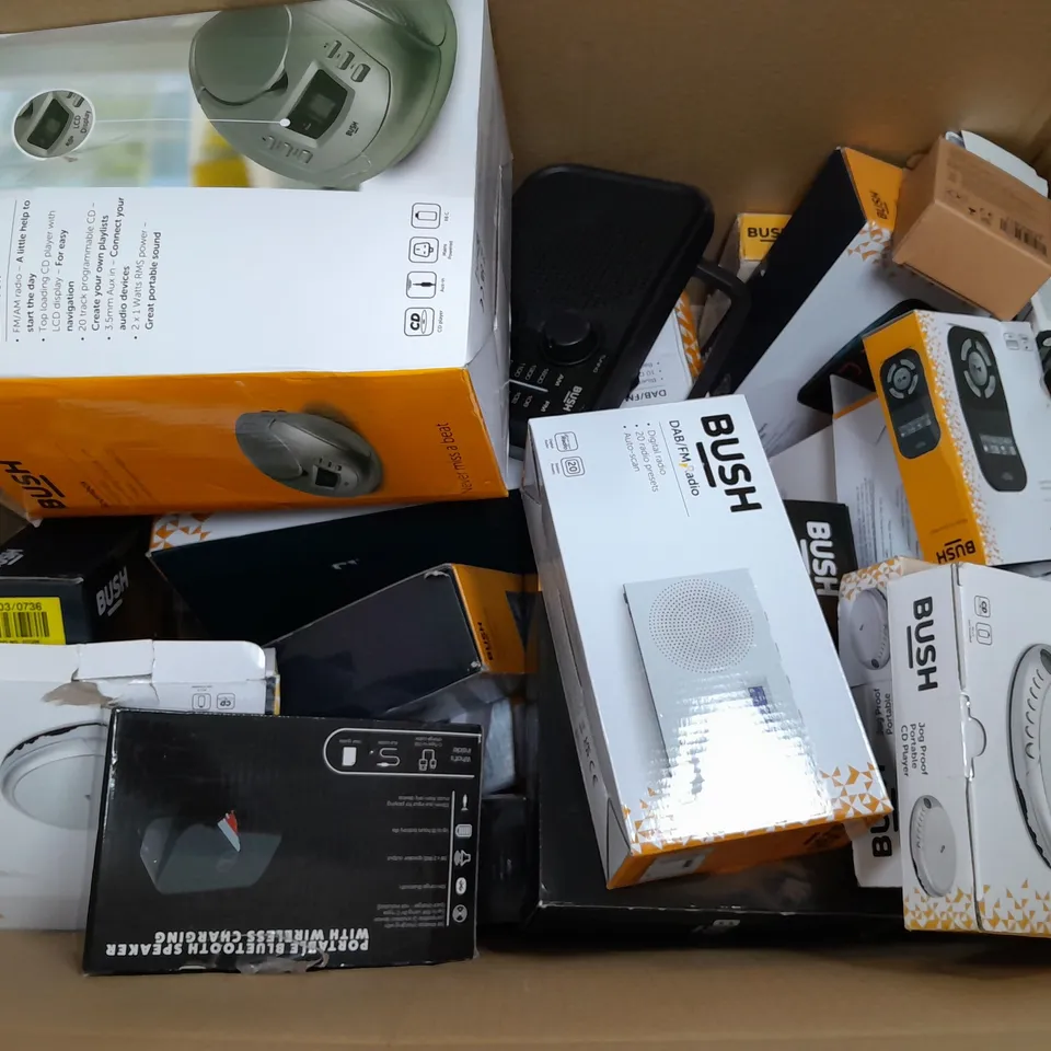 BOX OF APPROXIMATELY 15 ASSORTED ITEMS TO INCLUDE - BUSH DAB/FM RADIO , BUSH PORTABLE DAB RADIO , PORTABLE FM/AM RADIO ETC