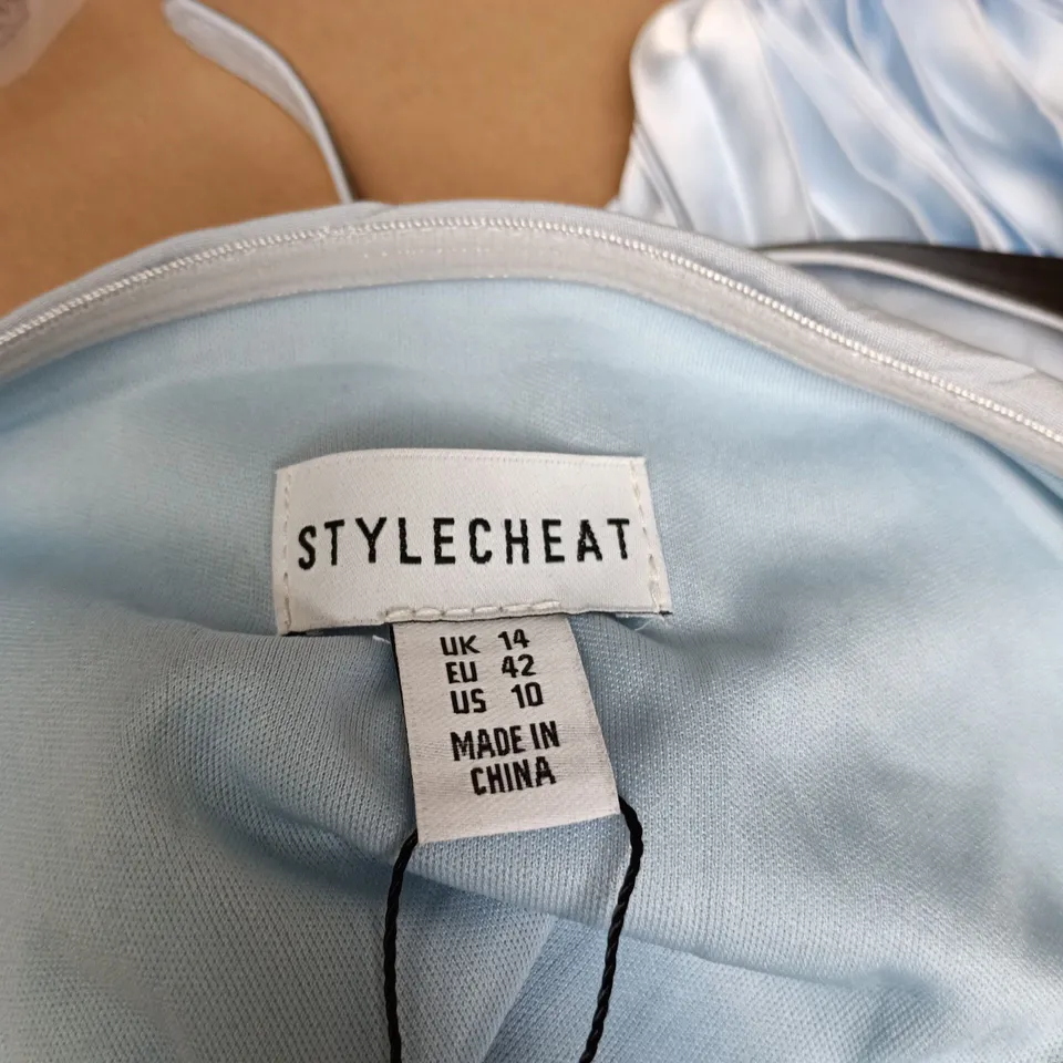 UK 14 STYLECHEAT LIGHT BLUE SATIN DRESS WITH BELT