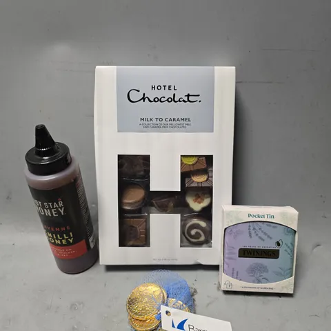 APPROXIMATELY 7 ASSORTED FOOD ITEMS TO INCLUDE - HOTEL CHOCOLAT MILK TO CARAMEL , BARRACUDE CHOCOLATE COINS ETC