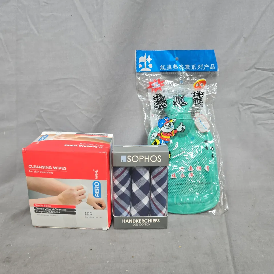 APPROXIMATELY 10 ASSORTED HOUSEHOLD ITEMS TO INCLUDE HANDKERCHIEFS, CLEANING WIPES, ETC