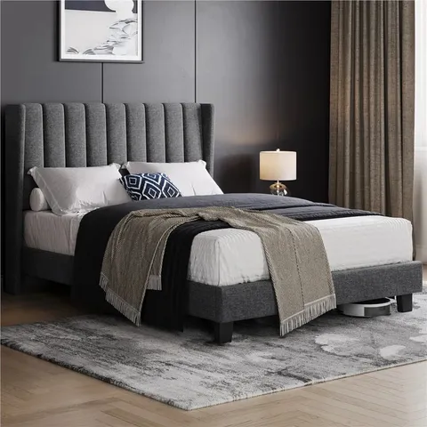 BOXED UPHOLSTERED BED FRAME WITH CHANNEL TUFTED HEADBOARD - DARK GREY 200CM (2 BOX)