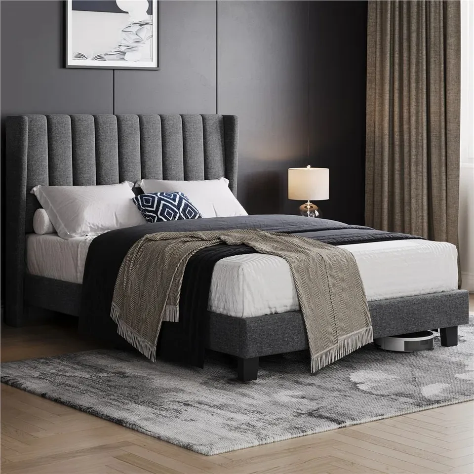 BOXED UPHOLSTERED BED FRAME WITH CHANNEL TUFTED HEADBOARD - DARK GREY 200CM (2 BOX)