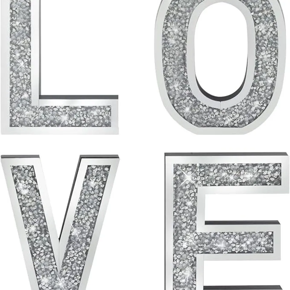 HOUSE ADDITIONS 4 PIECE CRUSHED DIAMANTE LOVE LETTER MIRRORED WALL DECOR SET 50 CM