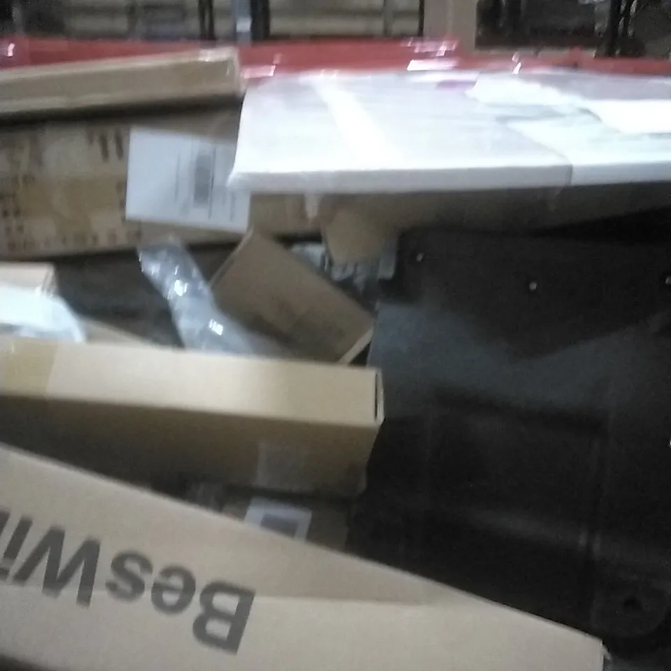 PALLET OF ASSORTED ITEMS TO INCLUDE; SLIDING BARN DOOR HARDWARE, WATER BAG, DIY FAIRY LIGHTS