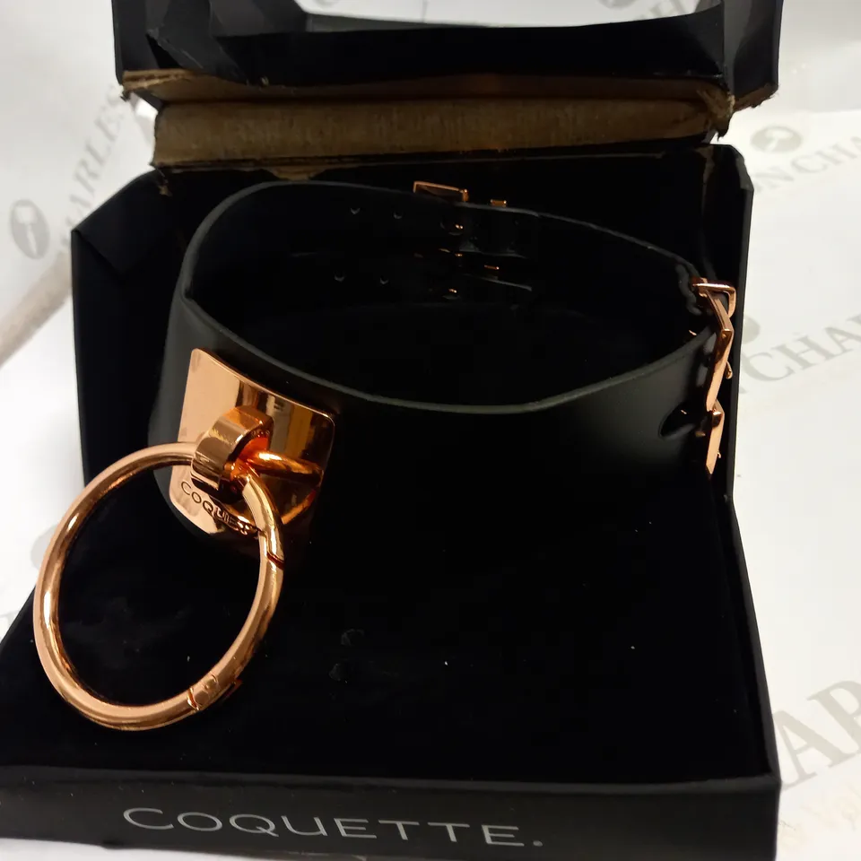 BOXED COQUETTE BLACK LEATHER COLLAR WITH ROSEGOLD RING