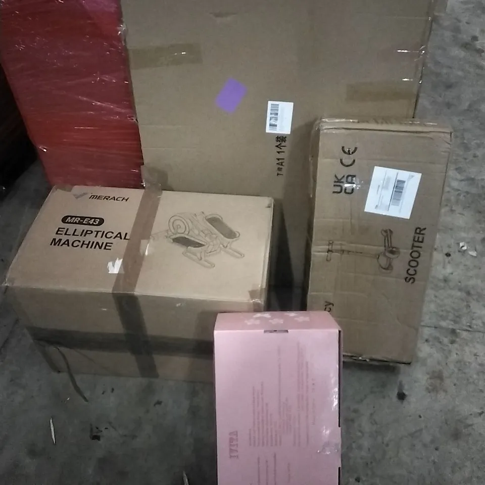 PALLET OF HOUSEHOLD ITEMS TO INCLUDE TOY DOLL, ELLIPTICAL MACHINE, SCOOTER, PICTURE FRAME AND OTHER ASSORTED ITEMS...