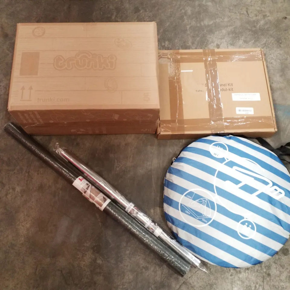 PALLET OF ASSORTED PRODUCTS INCLUDING BEACH TENT, TRUNKI KIDS SUITCASE, WINDOW FILM, 20W SOLAR PANEL