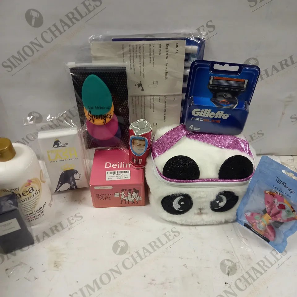 LOT TO CONTAIN APPROXIMATELY 25 ASSORTED HEALTHCARE AND BEAUTY PRODUCTS, INCLUDES RAZORS, LASHES, BODY BUTTER AND BRUSH HEADS 
