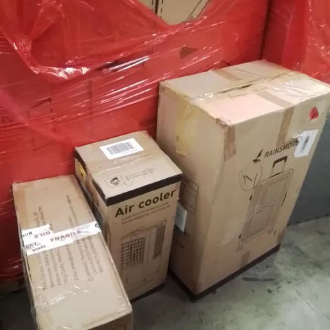 PALLET OF ASSORTED HOUSEHOLD GOODS AND PRODUCTS TO INCLUDE;AIR COOLER,SUITCASE,CEILING FAN WITH LIGHT
