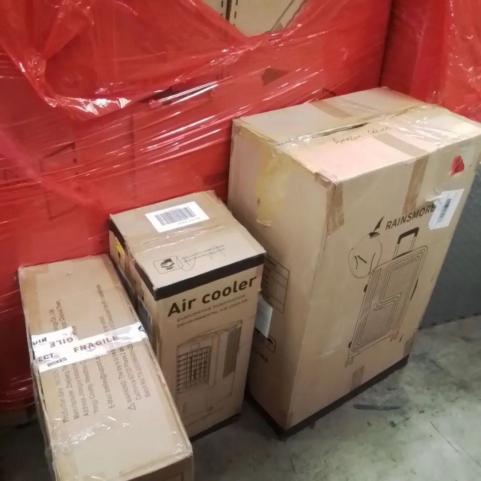 PALLET OF ASSORTED HOUSEHOLD GOODS AND PRODUCTS TO INCLUDE;AIR COOLER,SUITCASE,CEILING FAN WITH LIGHT