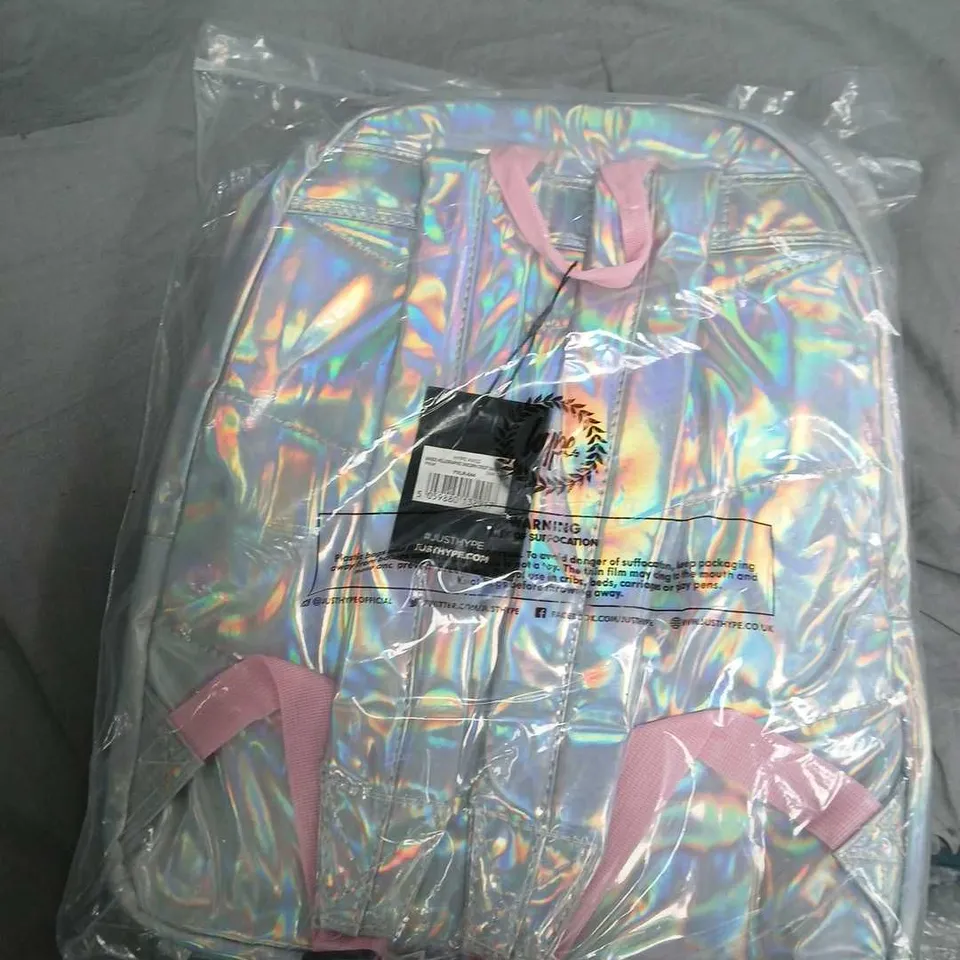 JUST TYPE HOLOGRAPHIC BACKPACK WITH PINK STRAPS
