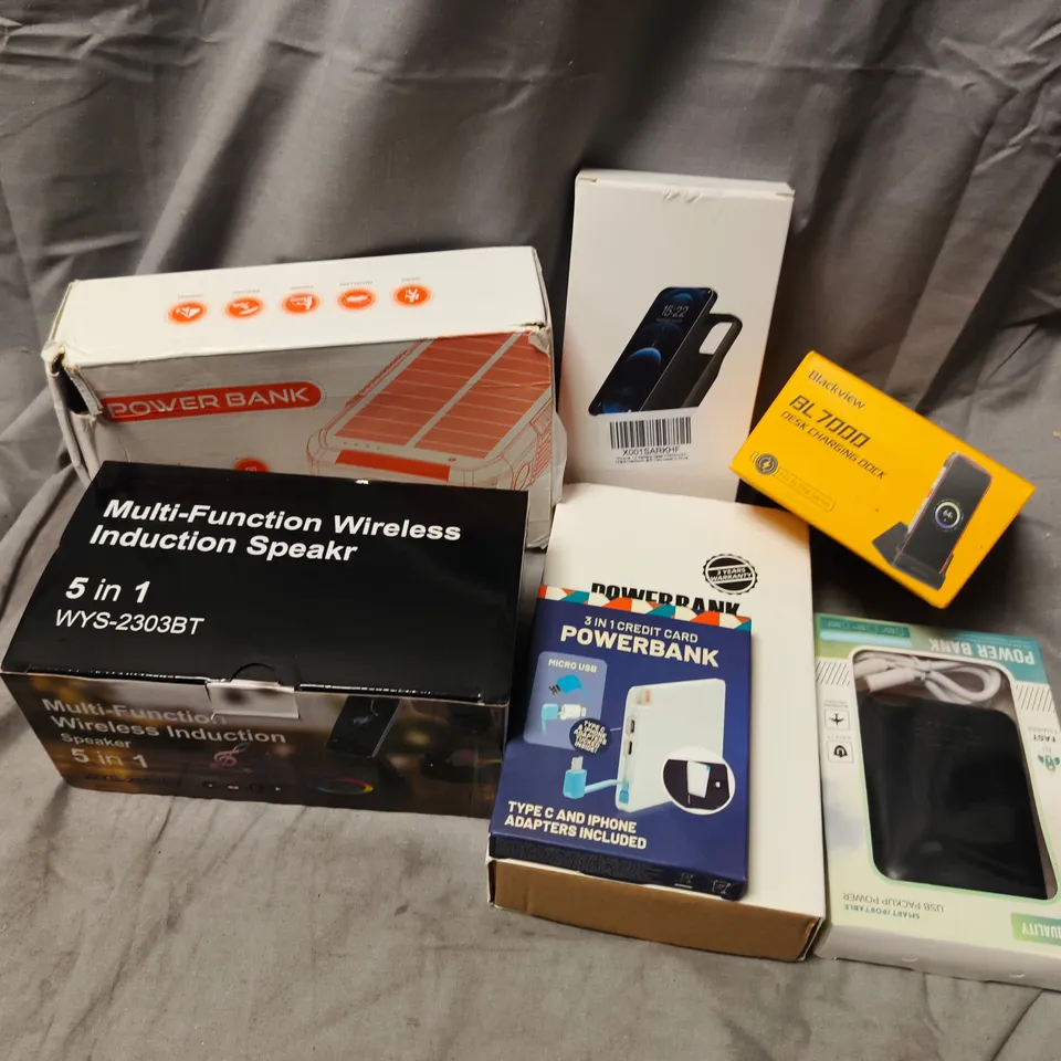 APPROXIMATELY 12 ASSORTED ELECTRICAL PRODUCTS TO INCLUDE BLACKVIEW BL 7000 DESK CHARGING DECK, WIRELESS INDUCTION SPEAKER, POWER BANK, ETC