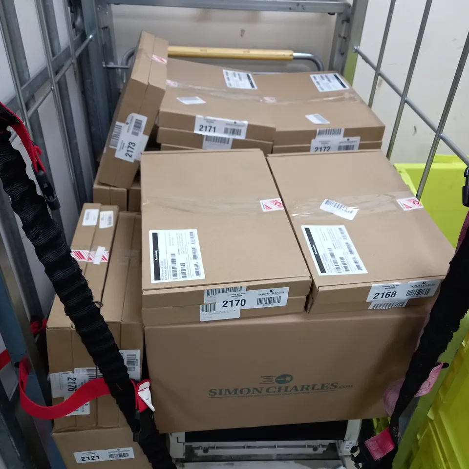 CAGE OF ASSORTED ELECTRICAL ITEMS TOO INCLUDE CONNECTION BOXES , OFFICE HEADSETS , PHONE CASES , ETC 