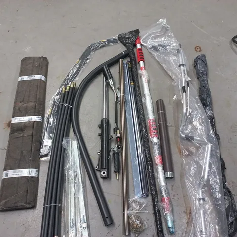 large quantity of assorted poles, rods, tools fittings and trims to include greenmineral 4m, drain rod set and broom poles