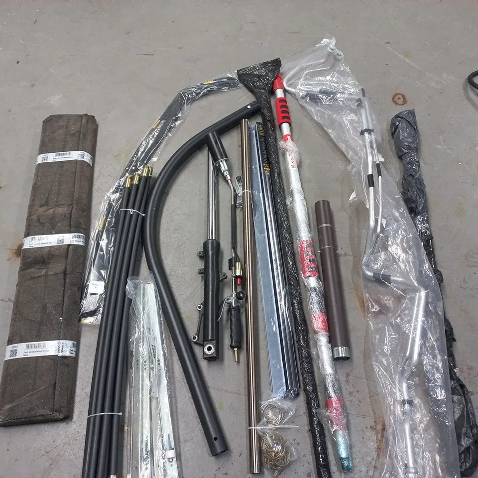 large quantity of assorted poles, rods, tools fittings and trims to include greenmineral 4m, drain rod set and broom poles