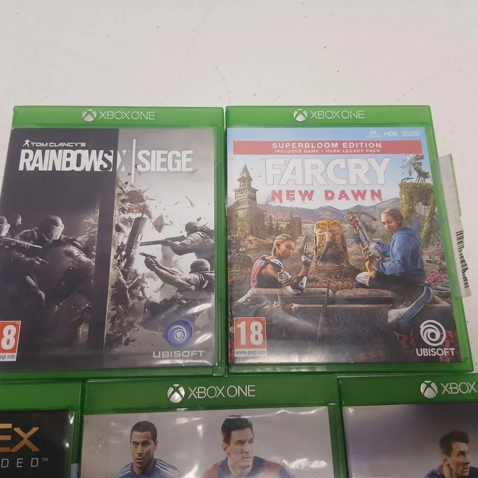 FIVE ASSORTED XBOX ONE GAMES TO INCLUDE – RAINBOW SIX SIEGE, FAR CRY NEW DAWN, DEUS EX: MANKIND DIVIDED, FIFA 15, FIFA 16