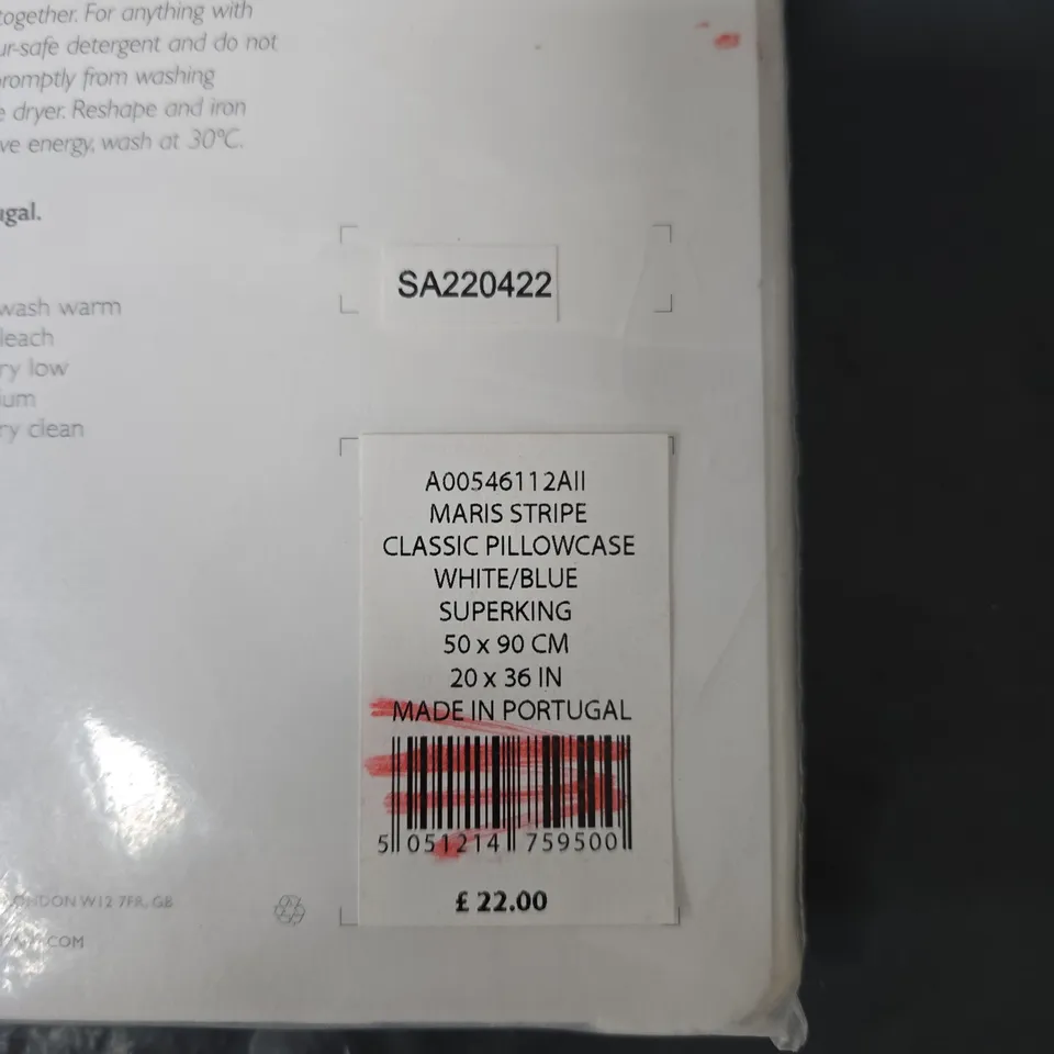 THE WHITE COMPANY MARIS STRIPE CLASSIC PILLOWCASE – SUPERKING 50 X 90 CM (WHITE/BLUE)