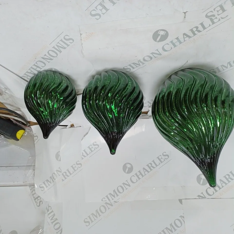 THREE GLASS GREEN ORNAMENTS WITH BATTERYS