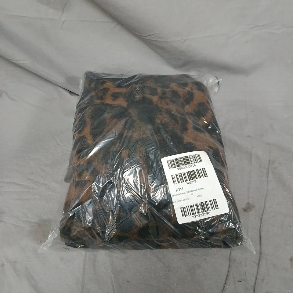 BAGGED. COLLARLESS SWING COAT - ANIMAL PRINT, BROWN - UK 16