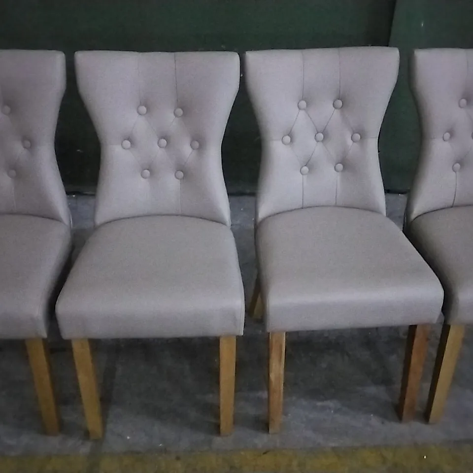 SET OF 4 MINK LEATHER BUTTONBACK DINING CHAIRS WITH WOODEN LEGS