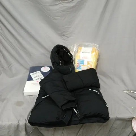 BOX OF APPROXIMATELY 15 ASSORTED HOUSEHOLD ITEMS INCLUDING TED BAKER KIDS COAT AGE 4 - 5, GARNIER FACE AND BODY GLO, VERY DEEP FITTED SHEET ETC