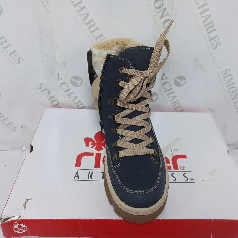 BOXED PAIR OF RIEKER LACE UP CHUNKY BOOTS IN NAVY SIZE 5 