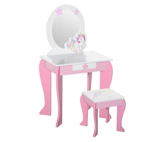 BOXED HOMCOM KIDS DRESSING TABLE WITH MIRROR, STOOL - PINK (1 BOX)