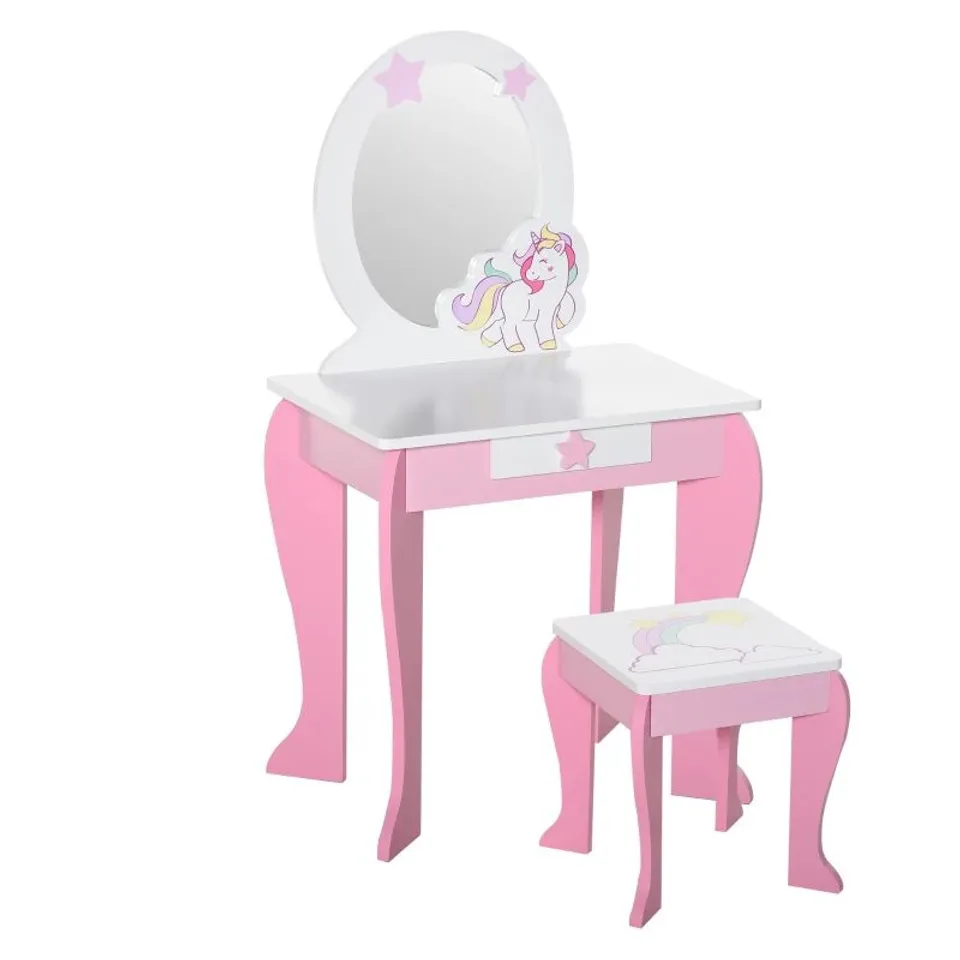 BOXED HOMCOM KIDS DRESSING TABLE WITH MIRROR, STOOL - PINK (1 BOX)