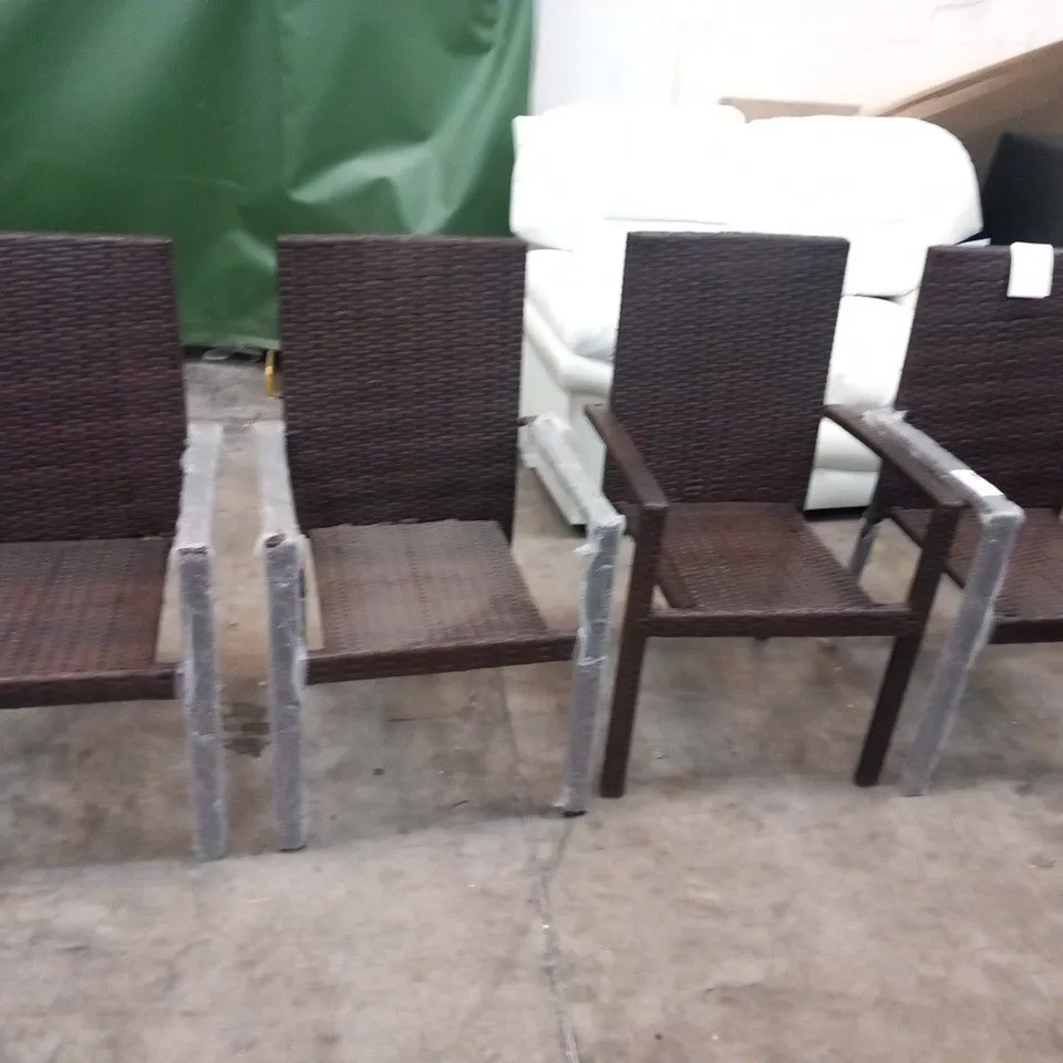 FOUR RATTAN EFFECT GARDEN ARMCHAIRS