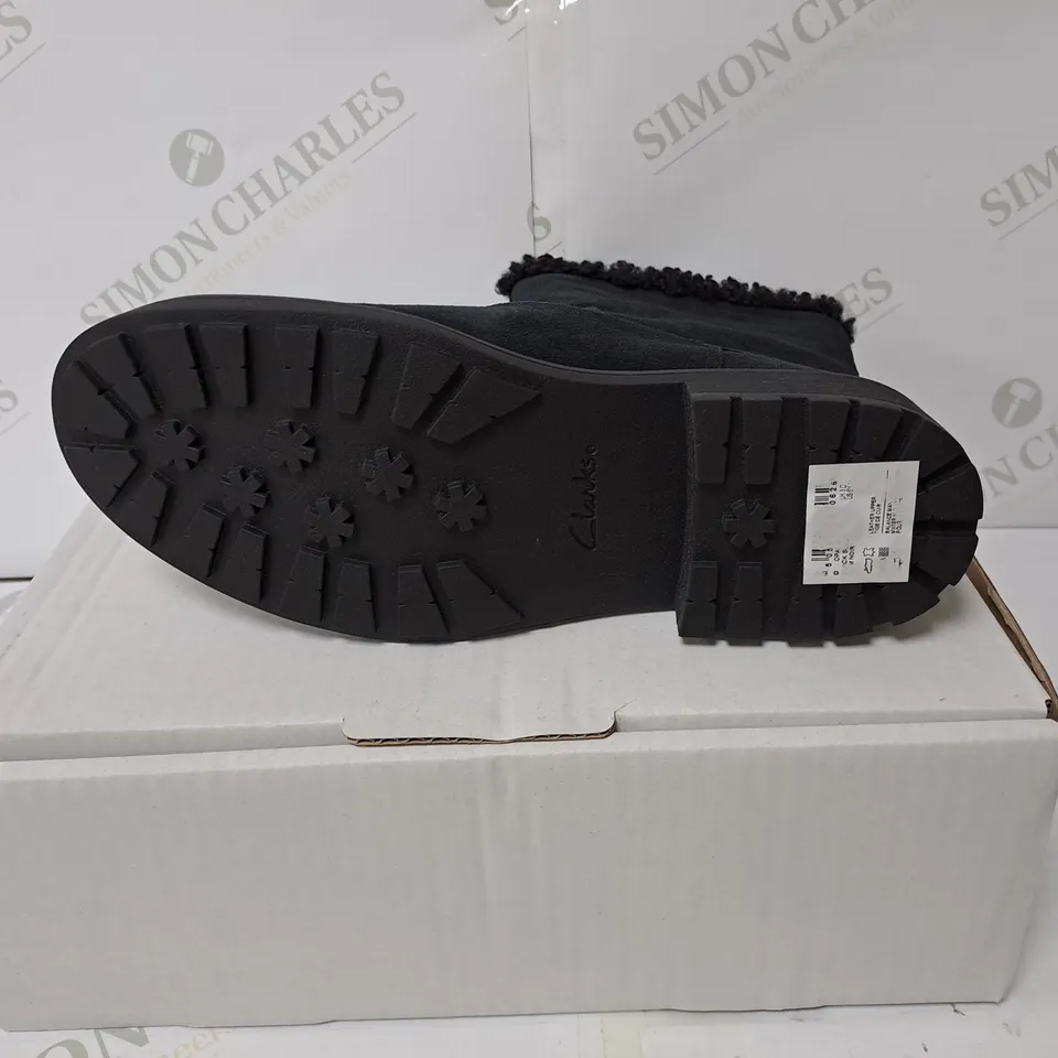BOXED PAIR OF CLARKS WOMEN'S OPAL BOOTS - BLACK SUEDE // SIZE: 3 UK 