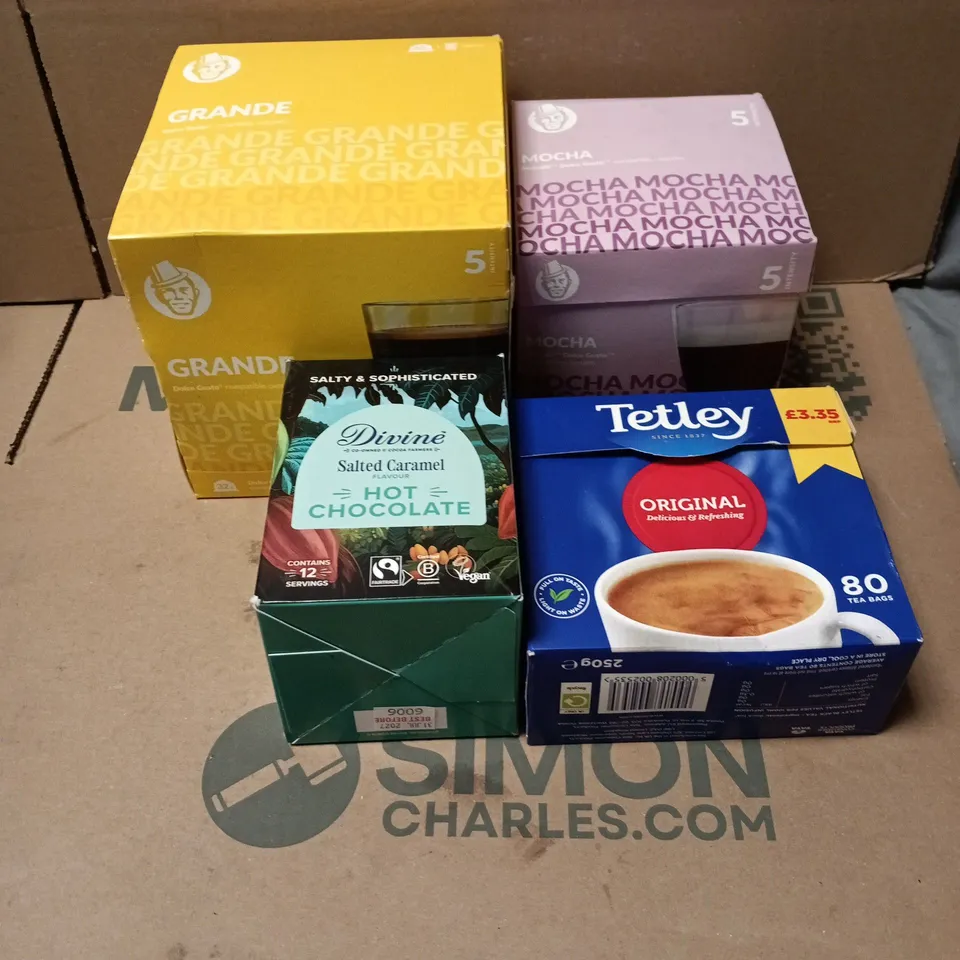 TOTE OF APPROXIMATELY 6 ASSORTED FOOD/DRINK ITEMS TO INCLUDE TETLEY ORIGINAL, DIVINE SALTED CARAMEL HOT CHOCOLATE, NESCAFE MOCHA/GRANDE CAPSULES ETC