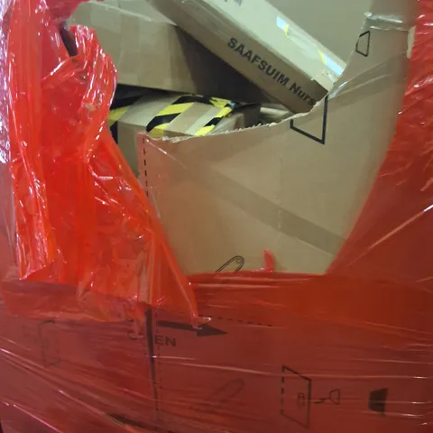 PALLET OF ASSORTED HOUSEHOLD GOODS AND PRODUCTS TO INCLUDE;STEP STOOL,GARDEN REEL,PATIO UMBRELLA