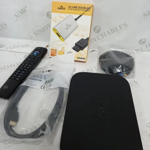 BOX OF APPROXIMATELY 10 ASSORTED ITEMS TO INCLUDE - KAICO LINE DOUBLER, SKY BOX, REMOTE ETC