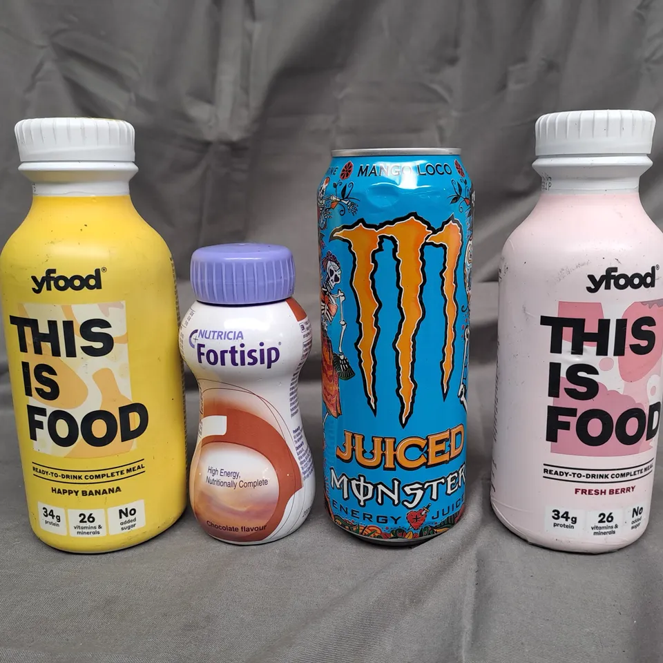 BOX OF APPROXIMATELY 15 ITEMS TO INCLUDE YGOOD BANANA, MONSTER ENERGY, YFOOD BERRY ETC