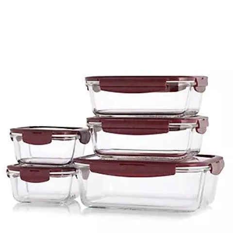 LOCK & LOCK 5 PIECE GLASSWARE STACKABLE SET IN RED