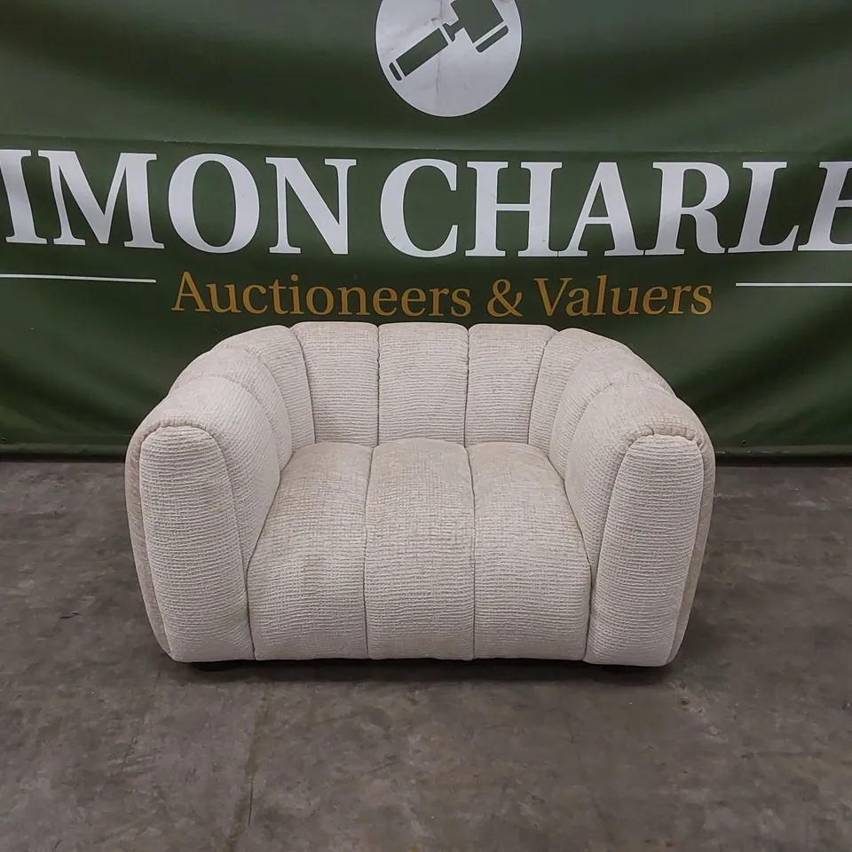 QUALITY DESIGNER BELLE SNUGGLER CHAIR IN GLAM BLOCK FABRIC - NATURAL