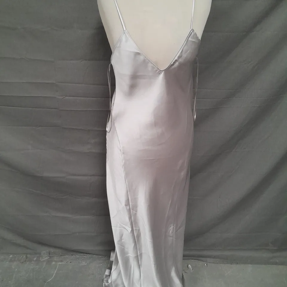 ZARA PLUNGE SATIN MAXI DRESS IN SILVER SIZE S
