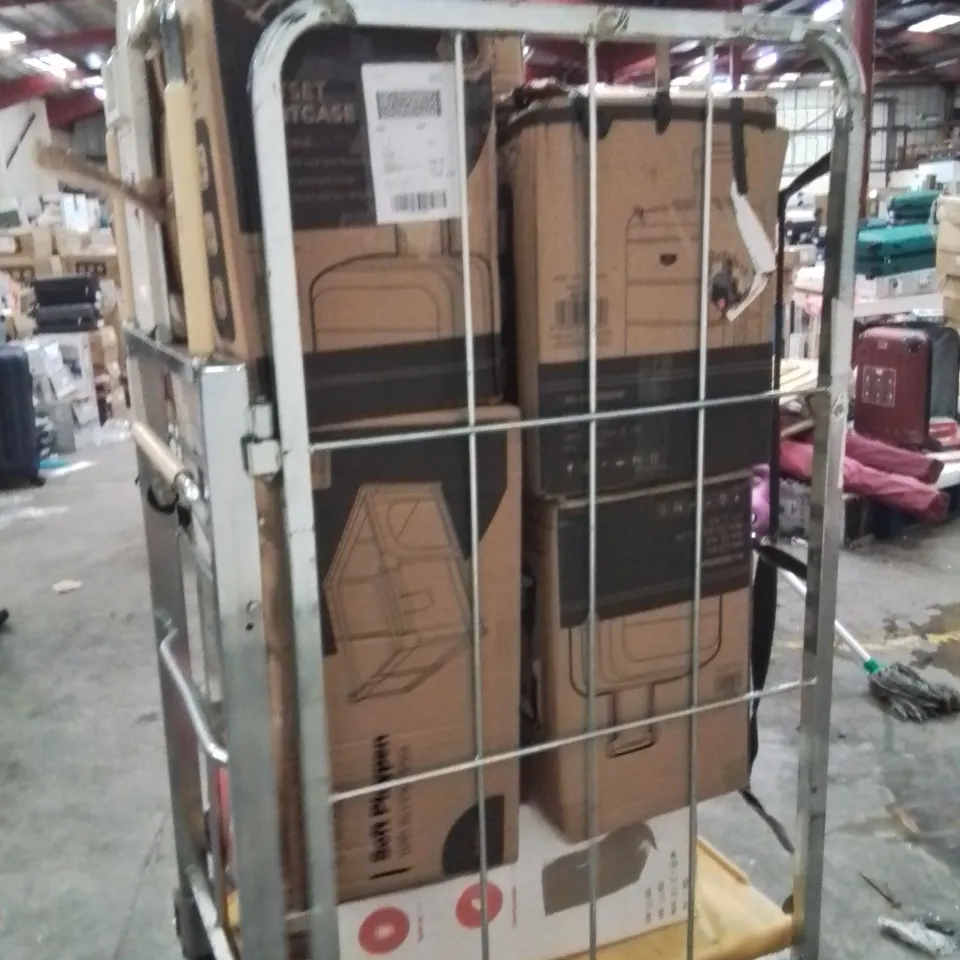 CAGE OF ASSORTED HOUSEHOLD GOODS AND PRODUCTS TO INCLUDE;SUITCASES,SOUP MAKER,AIR FRYERS,PLAYPEN,CHILDREN'S CAR SEAT
