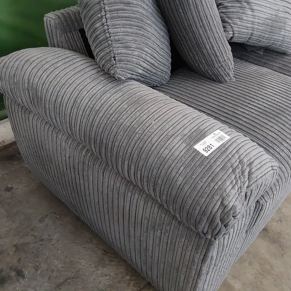 DESIGNER THREE SEATER SOFA WITH SCATTER CUSHIONS GREY JUMBO CHORD 