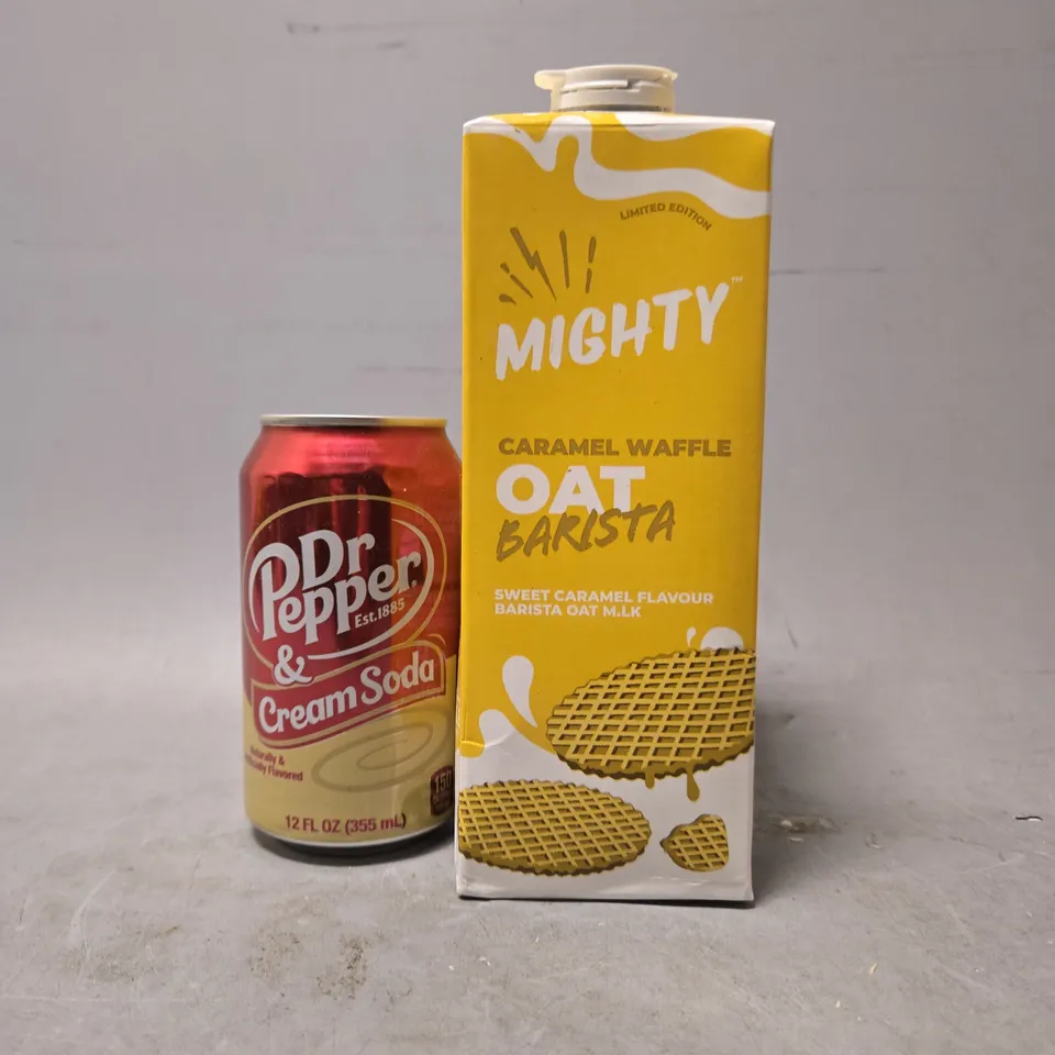 TOTE OF APPROXIMATELY 6 ASSORTED FOOD ITEMS TO INCLUDE - MIGHTY OAT BARISTA , DR PEPPER CREAM SODA 