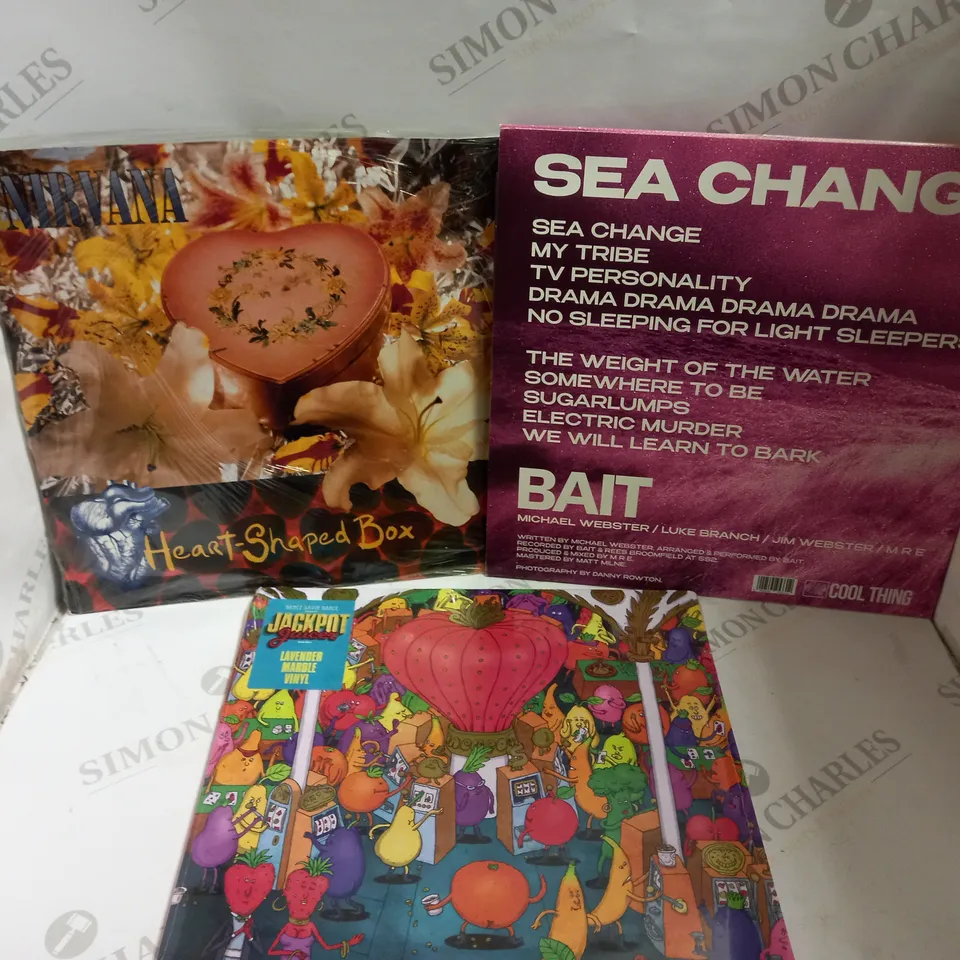 BOX OF APPROX 10 VINYLS INCLUDING DANCE GAVIN DANCE, NIRVANA HEART SHAPED BOX AND SEA CHANGE
