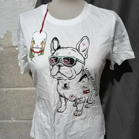 JOE BROWNS WHITE GRAPHIC T-SHIRT – BULLDOG WITH SUNGLASSES - SIZE 10