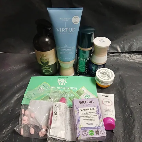 APPROXIMATEY 20 ASSORTED HEALTH AND BEAUTY PRODUCTS TO INCLUDE - VIRTUE SCALP REMEDY CONDITIONER - BRAZILIAN BUM BUM CREAM - BEARD SHAMPOO - ETC