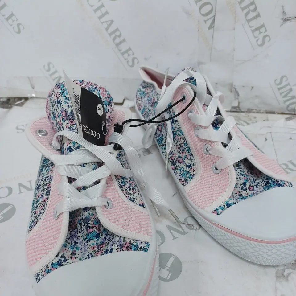 BOX OF APPROXIMATELY 15 PAIRS OF LOW SHELL TOE FLORAL SHOES SIZES VARY 